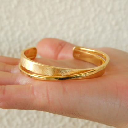Brushed Cuff Bracelet for Women: Modern Wristlet, Double Bangle Gold Plated or Silver