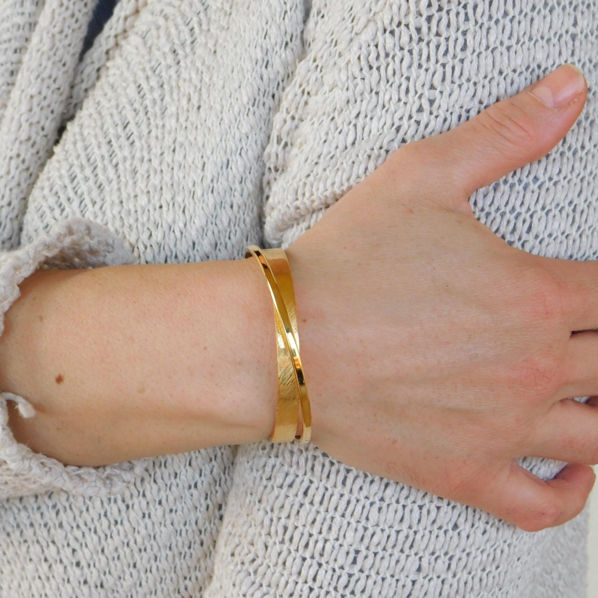 Brushed Cuff Bracelet for Women: Modern Wristlet, Double Bangle Gold Plated or Silver