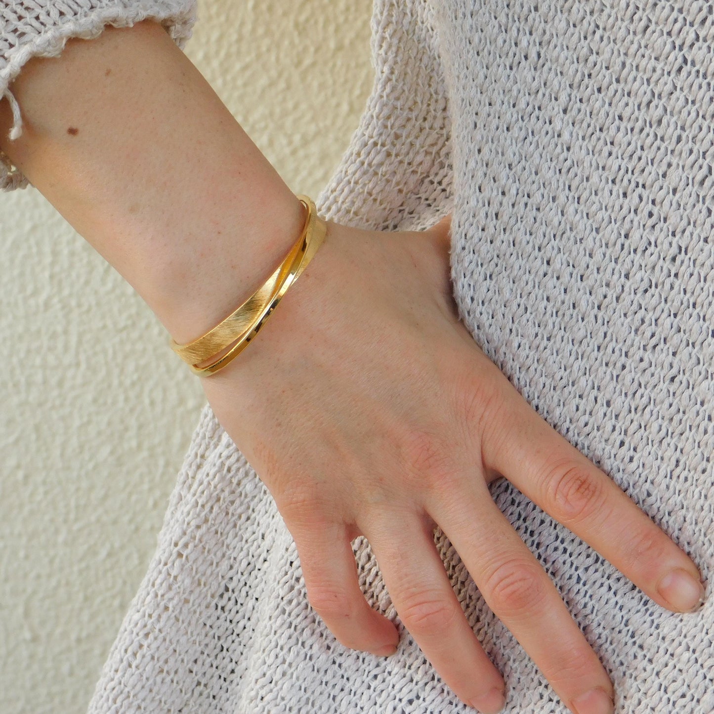Cuff Bracelet for Women: Brushed Wristlet, Double Bangle in Gold Plated or Silver
