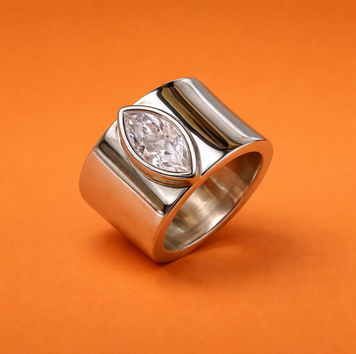 Wide Band Ring: Marquise Cut Moissanite Solitaire, Silver Wedding Band