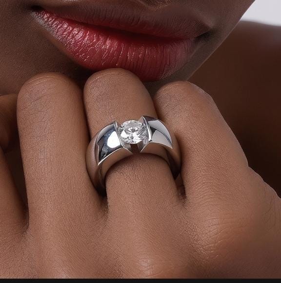 Engagement Ring Silver AG 950: Statement Ring for Women, Moissanite Solitaire, Tension Setting Jewelry