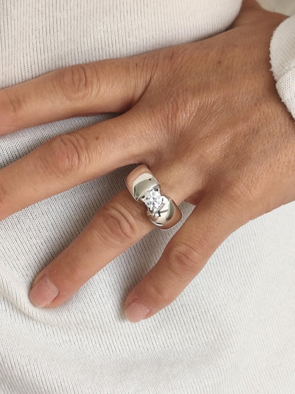 Engagement Ring Silver AG 950: Statement Ring for Women, Moissanite Solitaire, Tension Setting Jewelry
