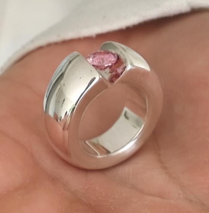 Promise Ring Pink Moissanite: Statement Ring for Women, Moissanite Solitaire, Tension Setting Engagement jewelry