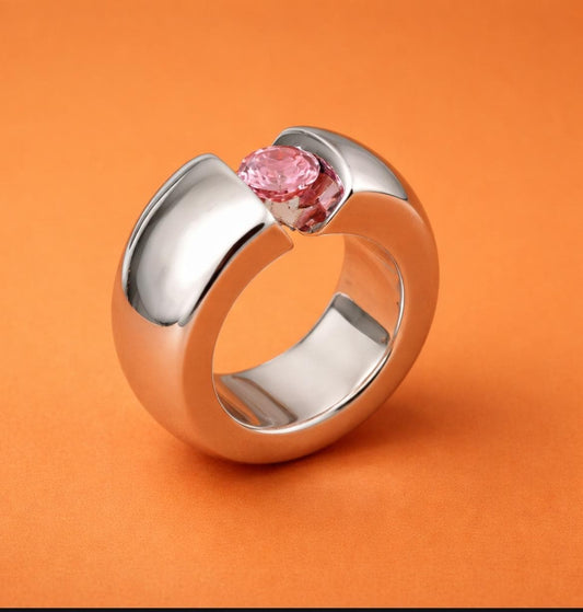 Promise Ring Pink Moissanite: Statement Ring for Women, Moissanite Solitaire, Tension Setting Engagement jewelry