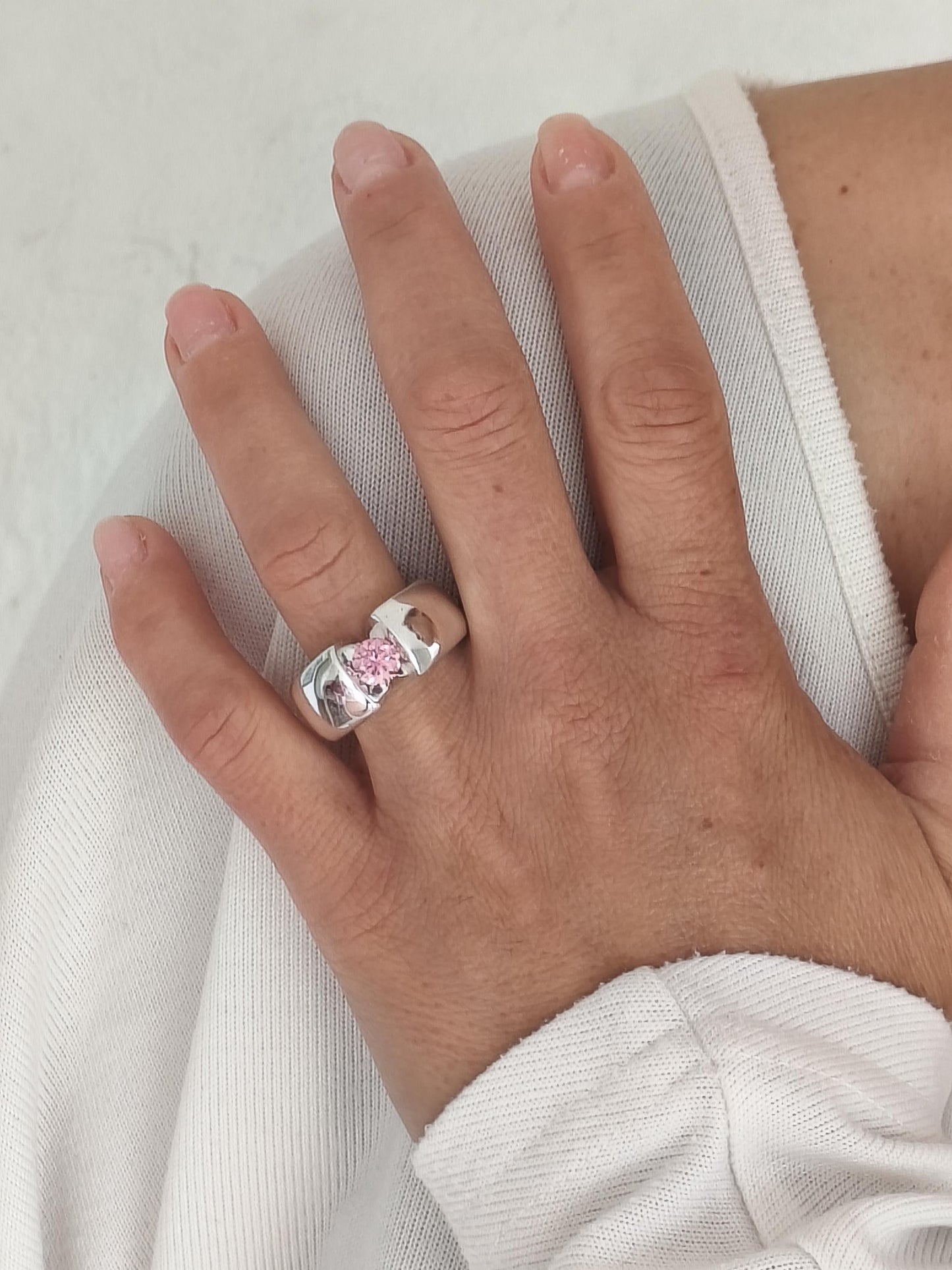Promise Ring Pink Moissanite: Statement Ring for Women, Moissanite Solitaire, Tension Setting Engagement jewelry