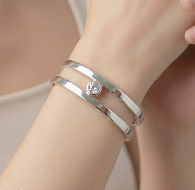 Minimalist Sterling Silver Open Cuff Bracelet, 2Ct Moissanite, Handmade Luxury Jewelry