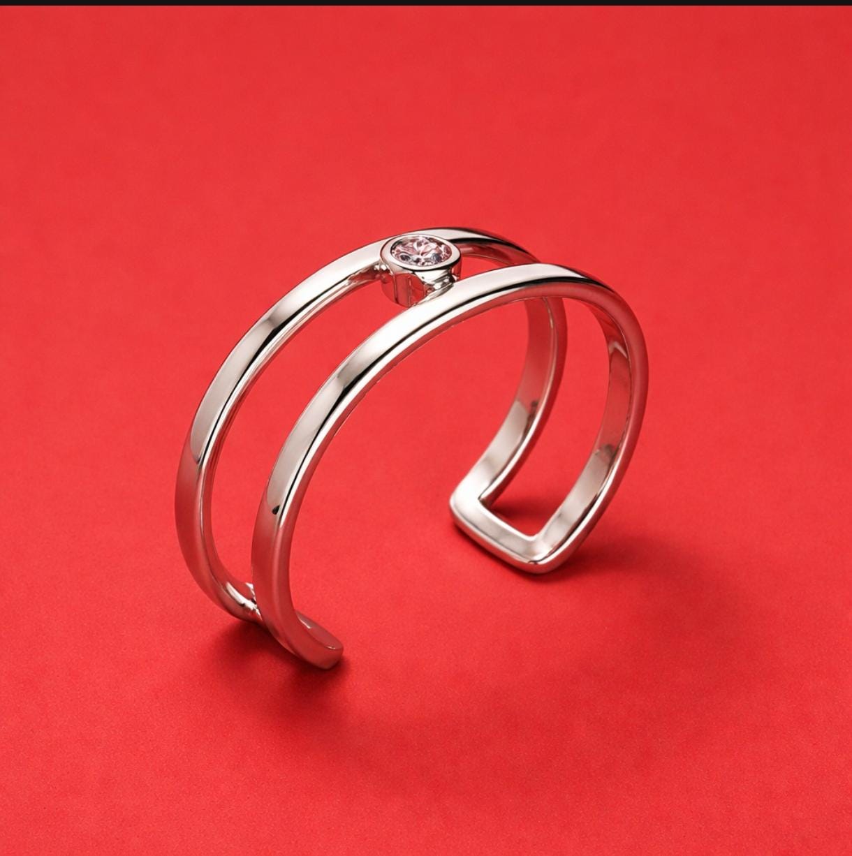 Minimalist Sterling Silver Open Cuff Bracelet, 2Ct Moissanite, Handmade Luxury Jewelry