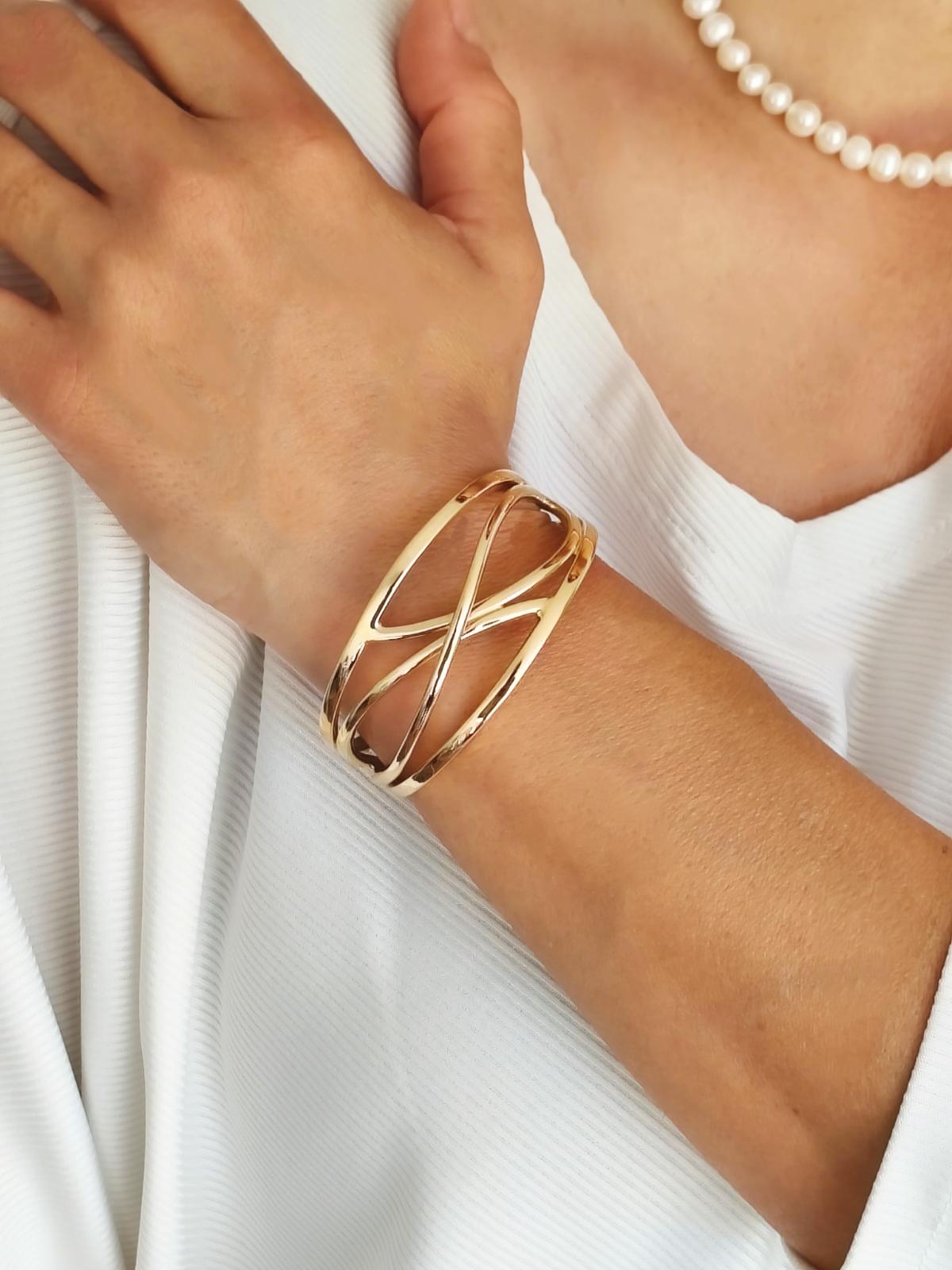 Cuff Bracelet For Women: Crisscross Wristlet, Adjustable Statement Jewelry, Gold Plated or Silver AG 950