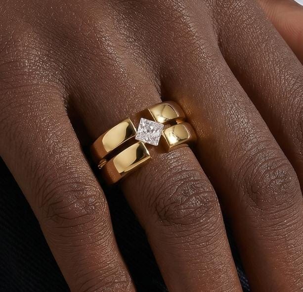 Wedding Ring Princess Cut Gemstone: Wide Band Gold Plated, Unisex Statement Ring