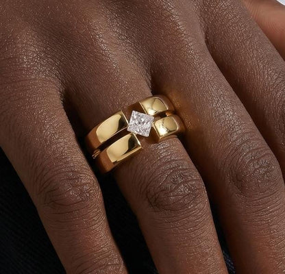 Wedding Ring Princess Cut Gemstone: Wide Band Gold Plated, Unisex Statement Ring