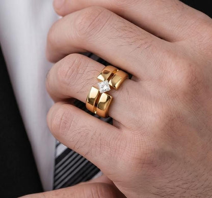 Wedding Ring Princess Cut Gemstone: Wide Band Gold Plated, Unisex Statement Ring