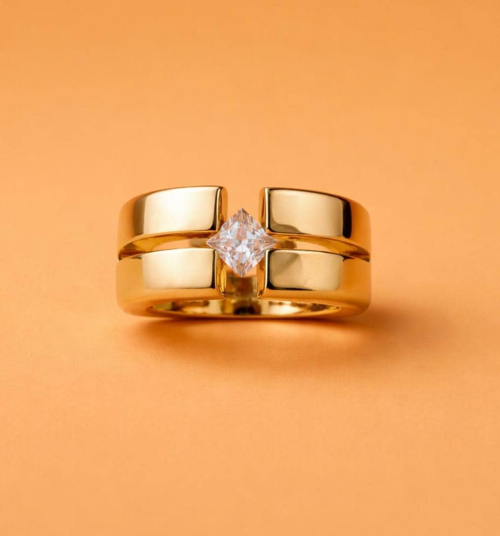 Wedding Ring Princess Cut Gemstone: Wide Band Gold Plated, Unisex Statement Ring