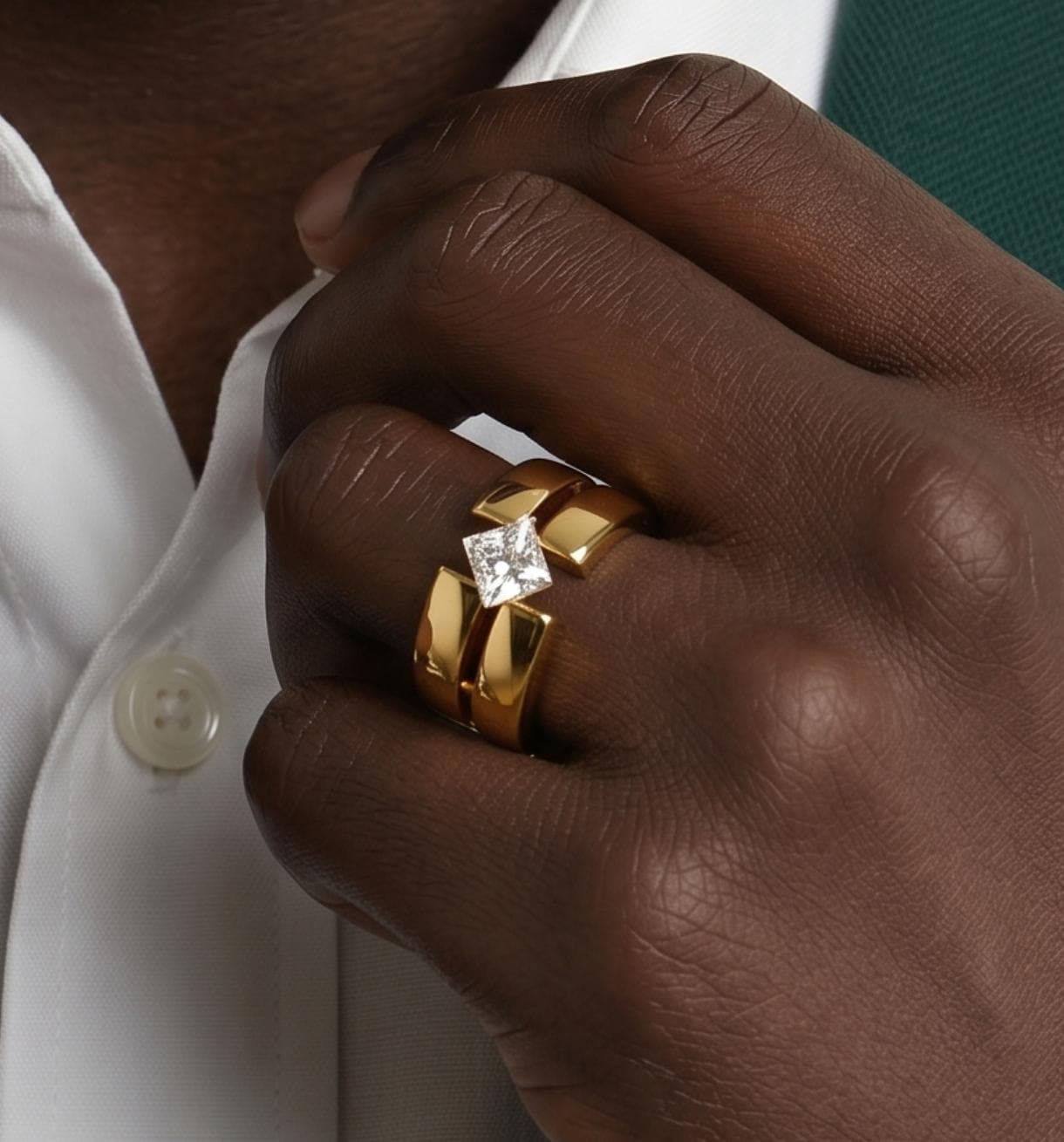 Wedding Ring Princess Cut Gemstone: Wide Band Gold Plated, Unisex Statement Ring