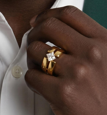 Wedding Ring Princess Cut Gemstone: Wide Band Gold Plated, Unisex Statement Ring