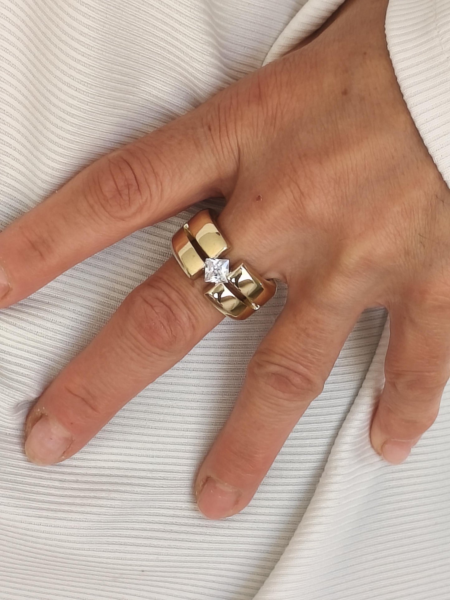 Wedding Ring Princess Cut Gemstone: Wide Band Gold Plated, Unisex Statement Ring