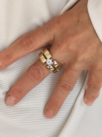 Wedding Ring Princess Cut Gemstone: Wide Band Gold Plated, Unisex Statement Ring