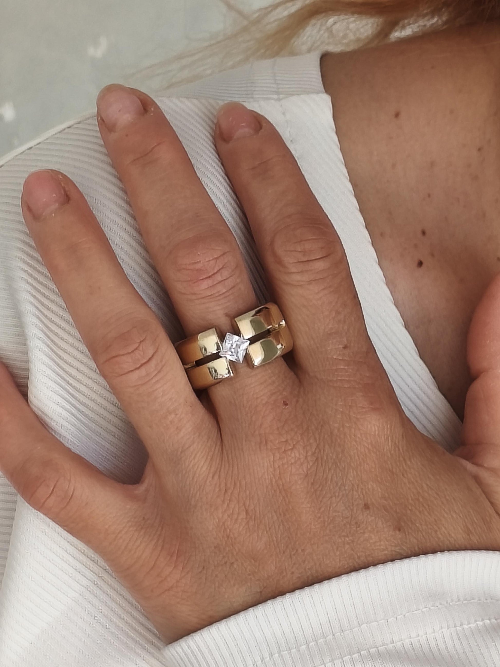 Wedding Ring Princess Cut Gemstone: Wide Band Gold Plated, Unisex Statement Ring
