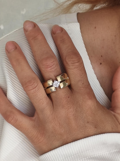 Wedding Ring Princess Cut Gemstone: Wide Band Gold Plated, Unisex Statement Ring