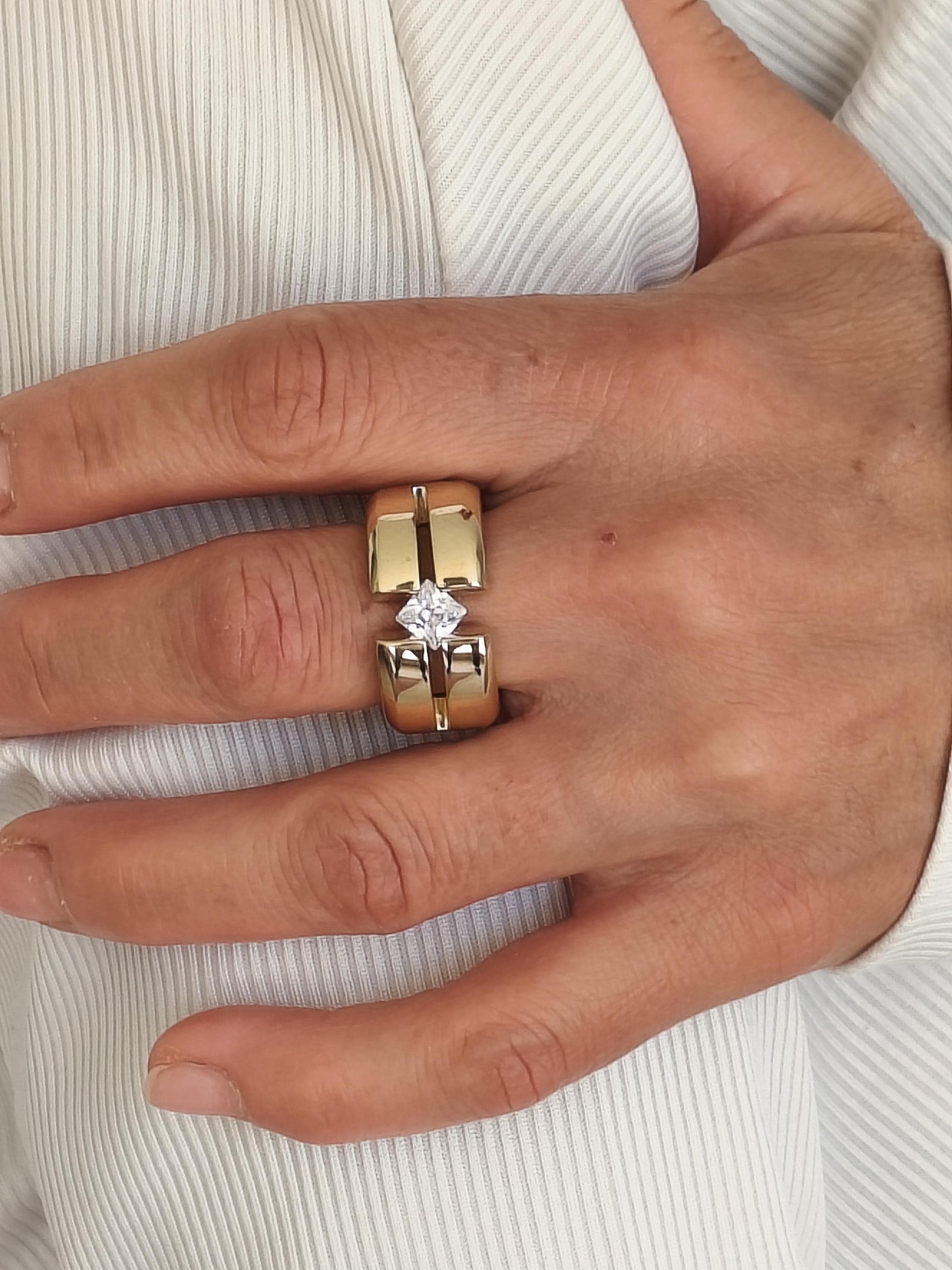 Wedding Ring Princess Cut Gemstone: Wide Band Gold Plated, Unisex Statement Ring
