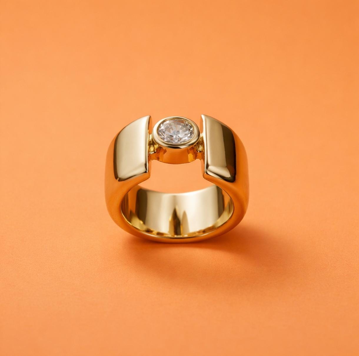 Wedding Ring for Women: Thick band Moissanite Ring, Wide Solitaire Gold Plated