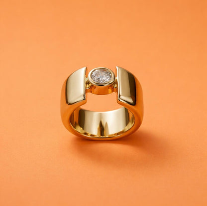 Wedding Ring for Women: Thick band Moissanite Ring, Wide Solitaire Gold Plated