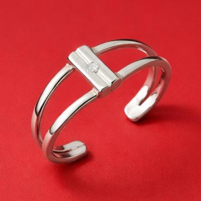 Geometric Cuff Bracelet, Modern Double Band Open Bangle, Artisan Jewelry AG950 Silver