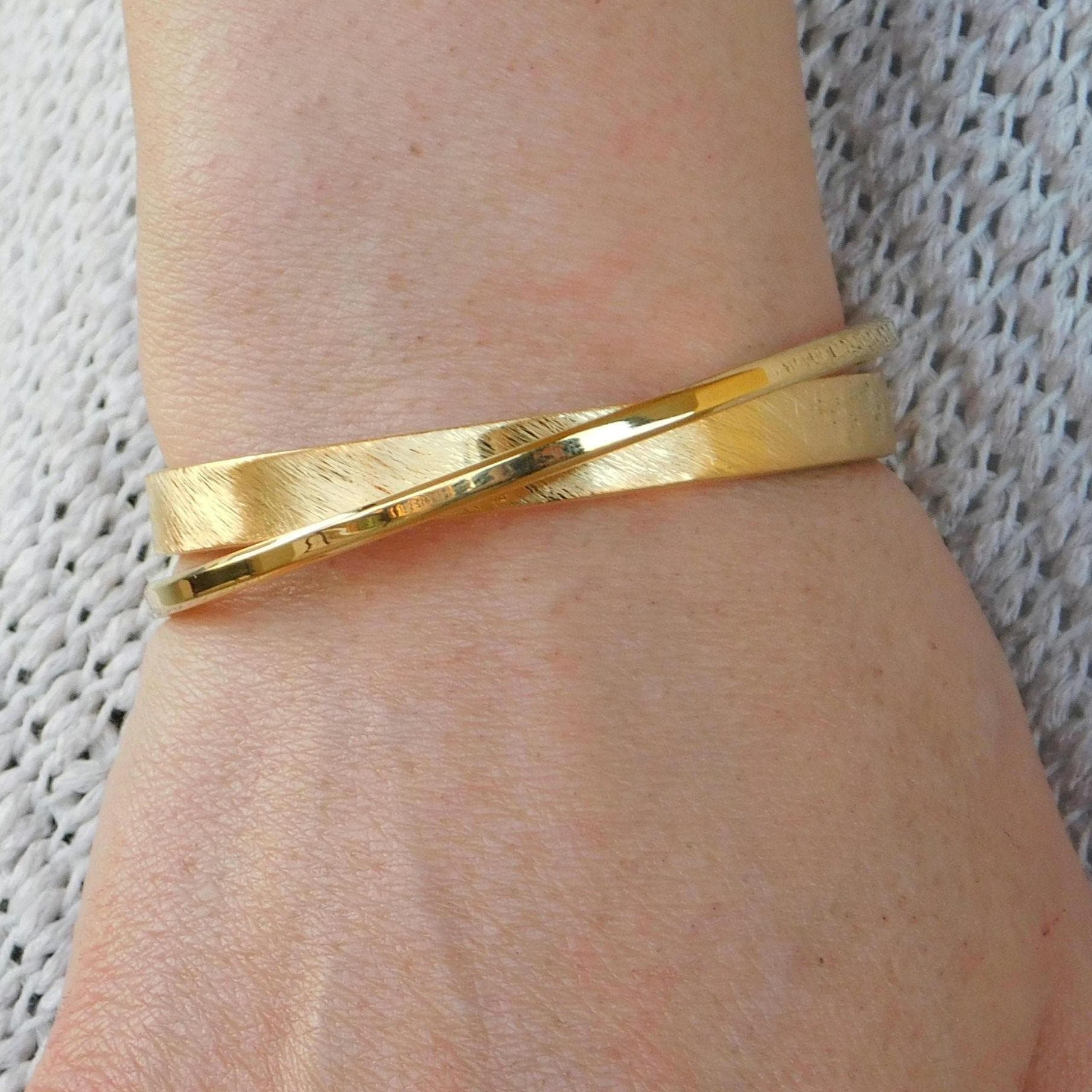 Brushed Cuff Bracelet for Women: Modern Wristlet, Double Bangle Gold Plated or Silver