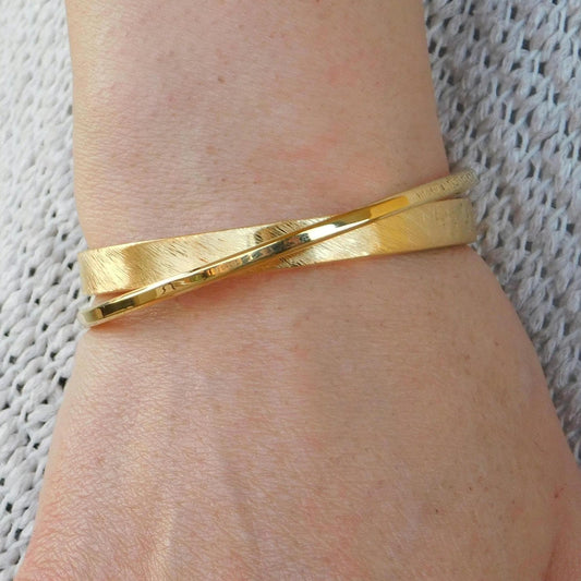 Brushed Cuff Bracelet for Women: Modern Wristlet, Double Bangle Gold Plated or Silver