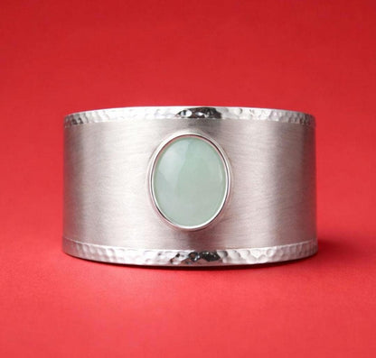 Extra Wide Cuff Bracelet: Heavy Silver Wristlet, Chalcedony Gemstone