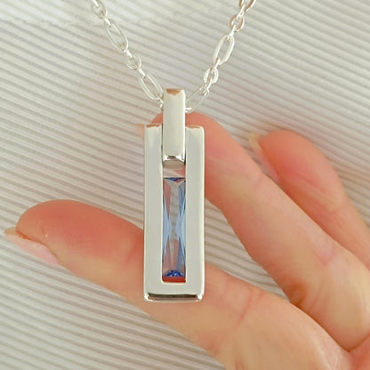 Gemstone Bar Necklace: Sea-Blue Baguette CZ, Minimalist Pendant, Sterling Silver chain