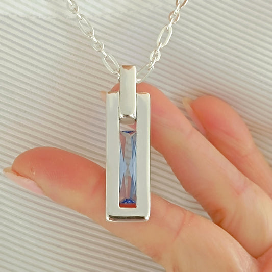 Gemstone Bar Necklace: Sea-Blue Baguette CZ, Minimalist Pendant, Sterling Silver chain
