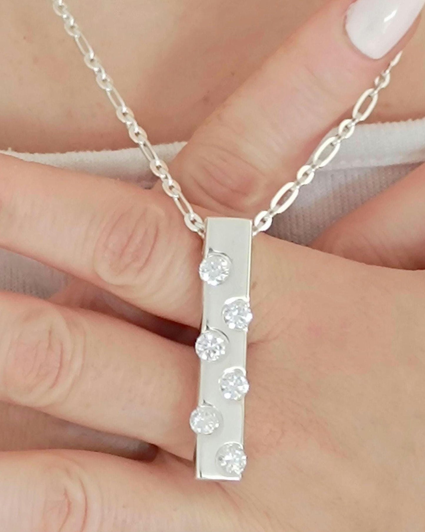 Multi gemstone Silver Bar Necklace, Modern Minimalist Pendant, Sparkling Gemstone Jewelry