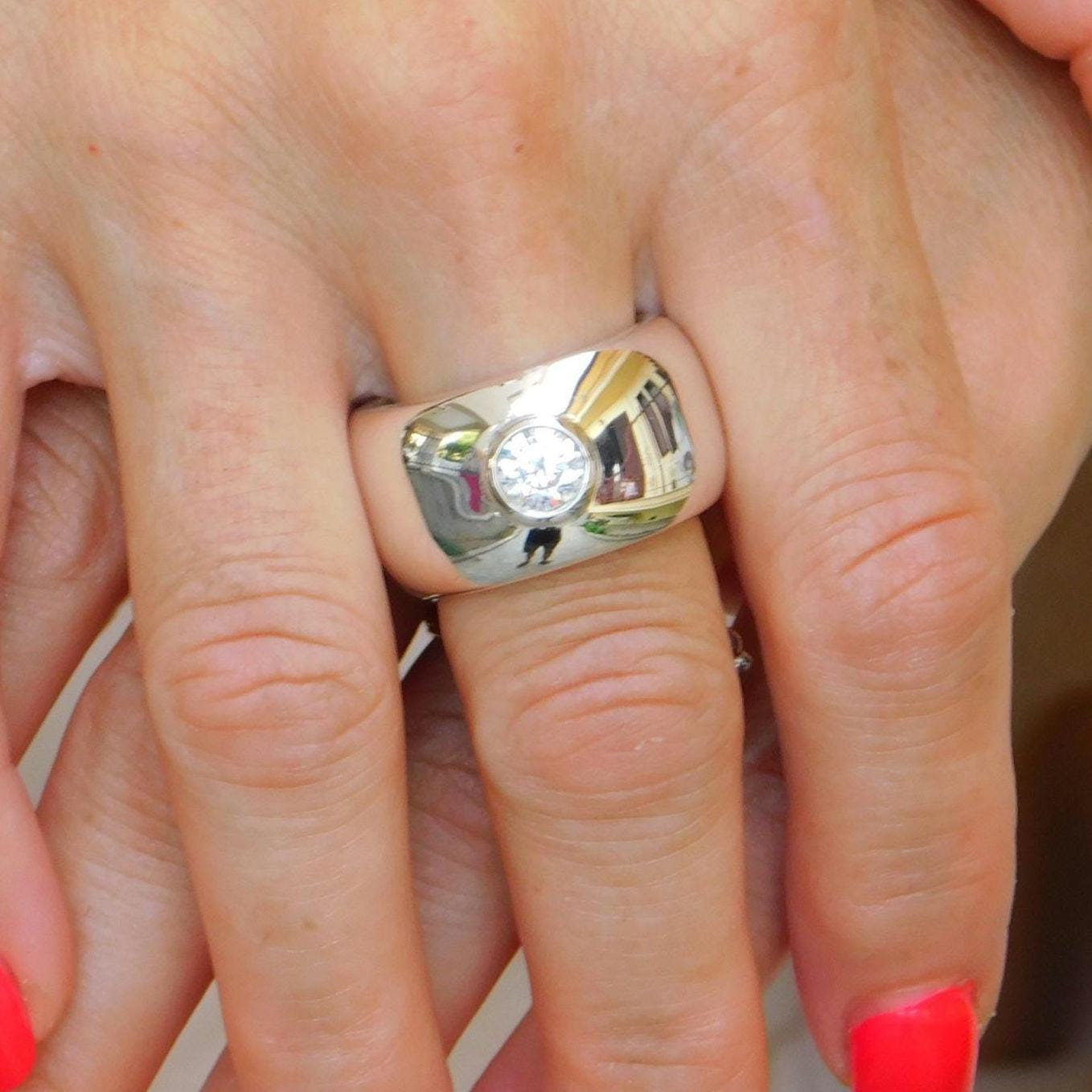 Wedding Ring Silver: Thick Band Ring With Moissanite