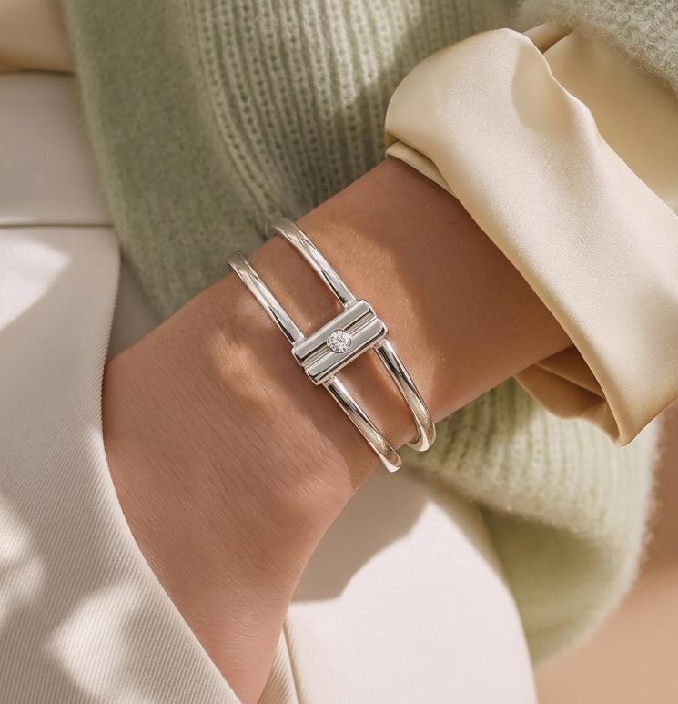 Geometric Cuff Bracelet, Modern Double Band Open Bangle, Artisan Jewelry AG950 Silver