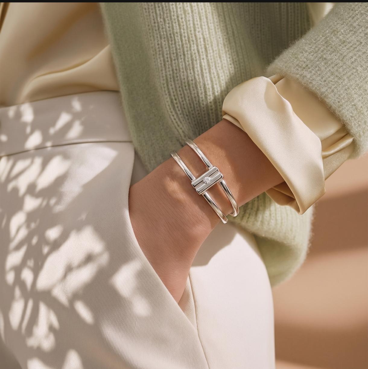 Geometric Cuff Bracelet, Modern Double Band Open Bangle, Artisan Jewelry AG950 Silver