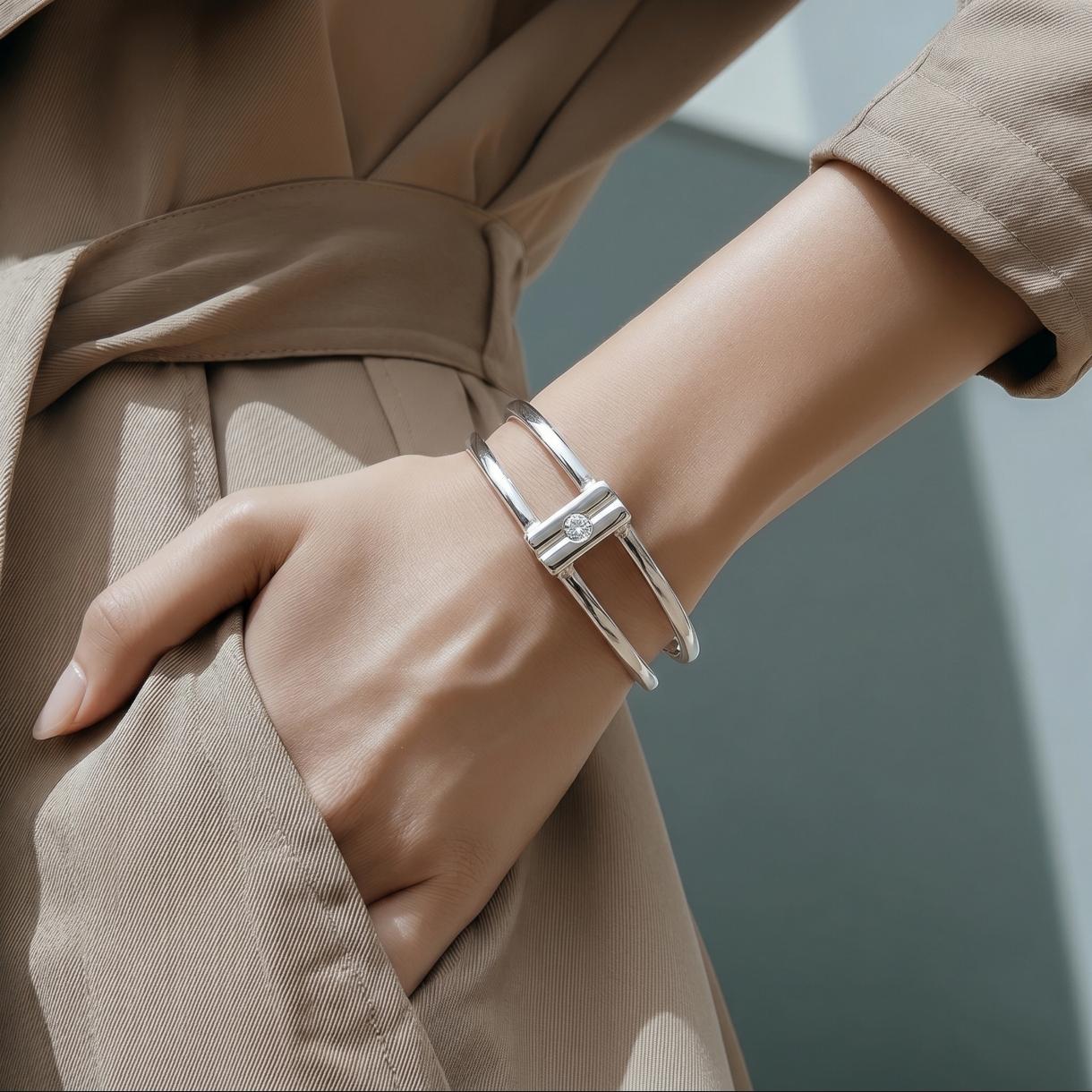 Geometric Cuff Bracelet, Modern Double Band Open Bangle, Artisan Jewelry AG950 Silver