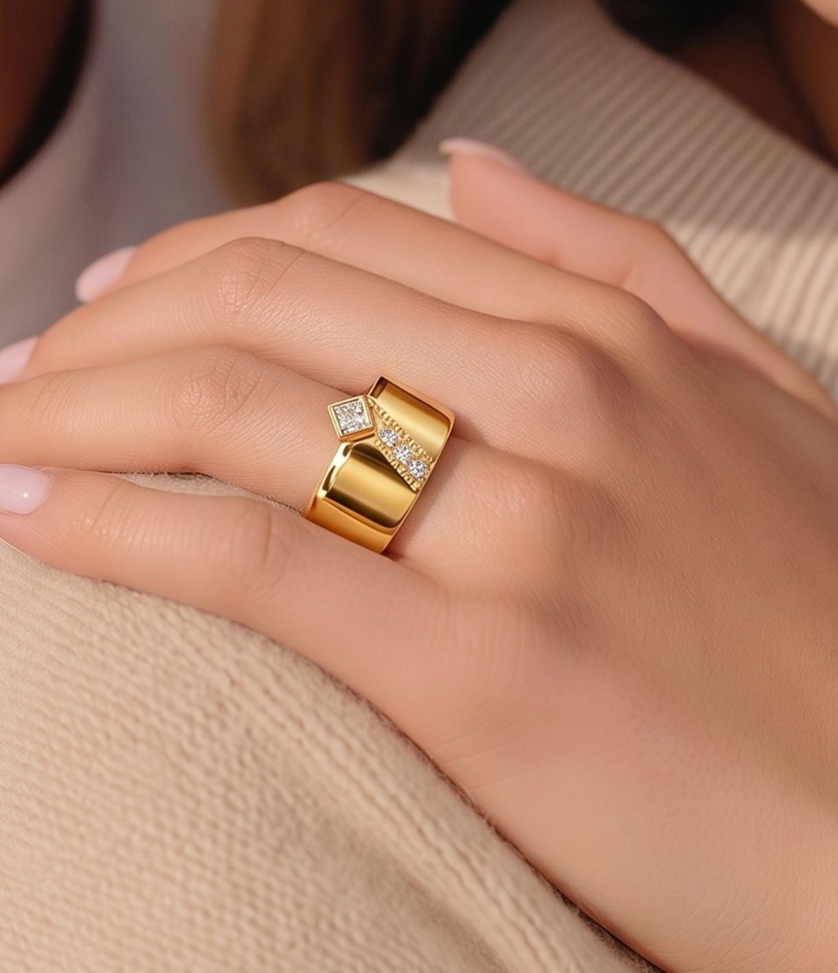 Thick Band Engagement Ring: Modern Jewelry, Square Gemstone, Gold Plated Wide Ring