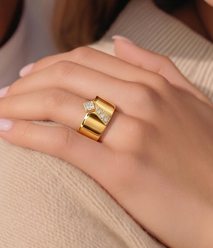 Thick Band Engagement Ring: Modern Jewelry, Square Gemstone, Gold Plated Wide Ring