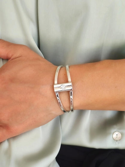 Geometric Cuff Bracelet, Modern Double Band Open Bangle, Artisan Jewelry AG950 Silver