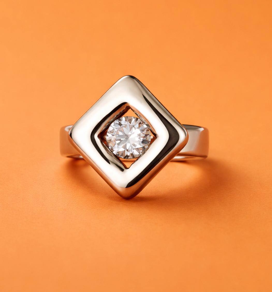 Solitaire Moissanite Ring: Palladium Coated Silver, Rhombus Motif Engagement Ring