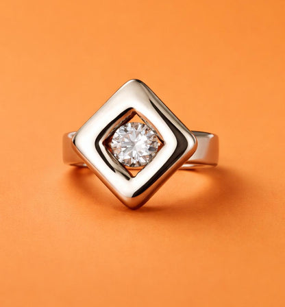 Solitaire Moissanite Ring: Palladium Coated Silver, Rhombus Motif Engagement Ring
