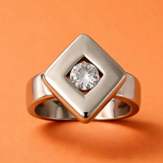 Solitaire Moissanite Ring: Palladium Coated Silver, Rhombus Motif Engagement Ring