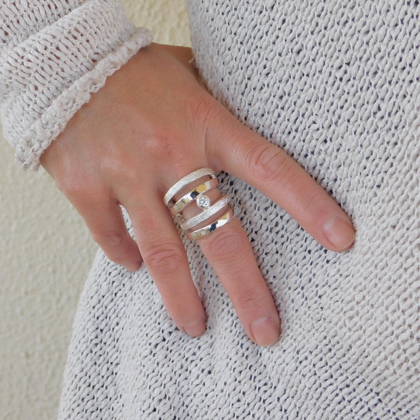 Wide Statement Ring: Multiple Band With Moissanite in Silver or Gold plated