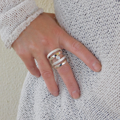Wide Statement Ring: Multiple Band With Moissanite in Silver or Gold plated
