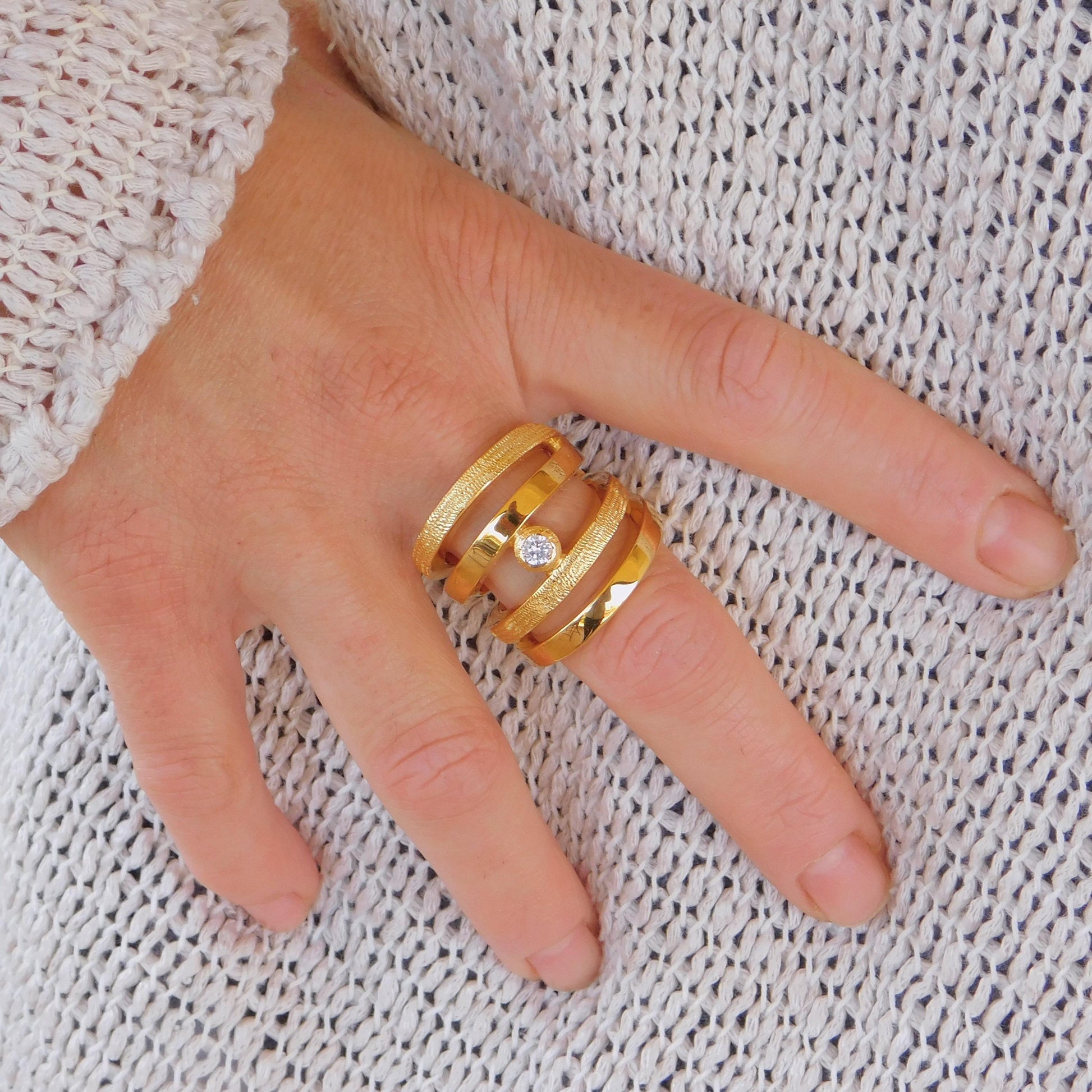 Wide Statement Ring: Multiple Band With Moissanite in Silver or Gold plated