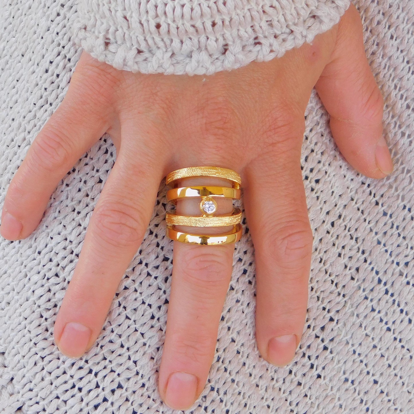 Wide Statement Ring: Multiple Band With Moissanite in Silver or Gold plated