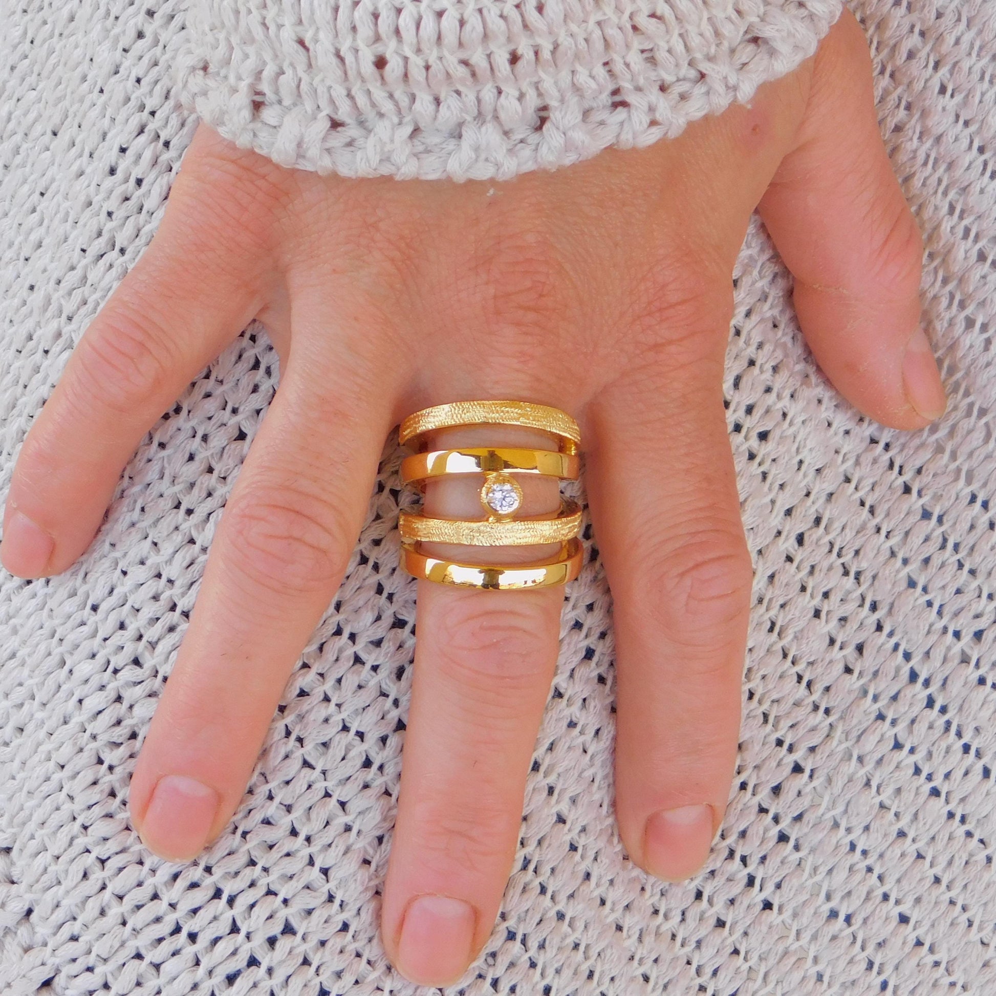 Wide Statement Ring: Multiple Band With Moissanite in Silver or Gold plated