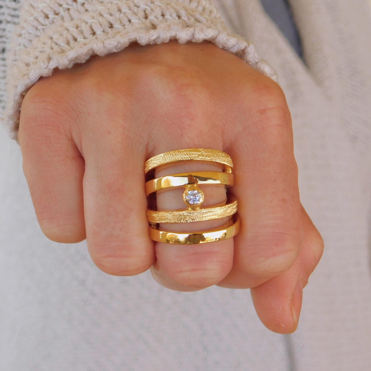 Wide Statement Ring: Multiple Band With Moissanite in Silver or Gold plated