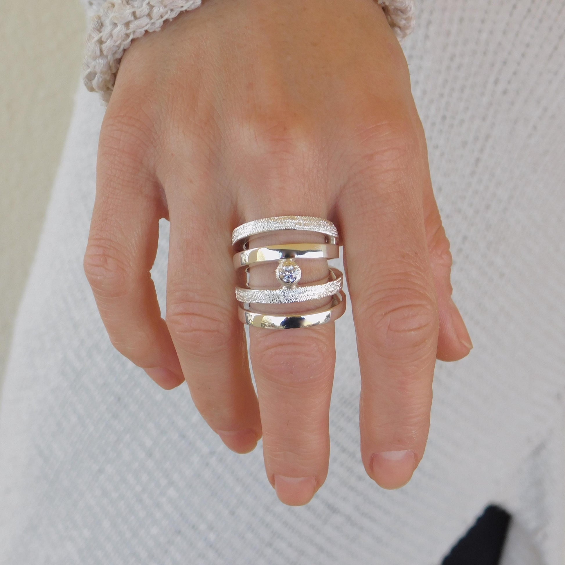 Modern Geometric Silver Ring – AG950 Moissanite Statement Band