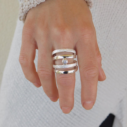Modern Geometric Silver Ring – AG950 Moissanite Statement Band